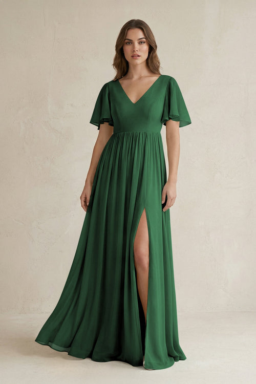 KissProm Short Sleeve V-Neck A-Line Chiffon Bridesmaid Dress in Dark Green, Dark Green / 12