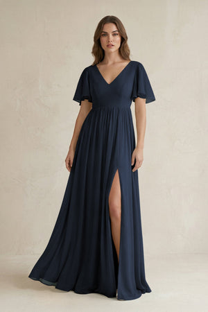 Short Sleeve V - Neck A - Line Chiffon Bridesmaid Dress in Dark Navy - KissProm Bridesmaid Dresses
