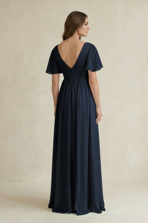 Short Sleeve V - Neck A - Line Chiffon Bridesmaid Dress in Dark Navy - KissProm Bridesmaid Dresses