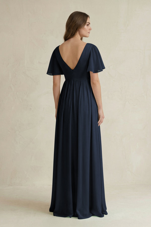Short Sleeve V - Neck A - Line Chiffon Bridesmaid Dress in Dark Navy - KissProm Bridesmaid Dresses