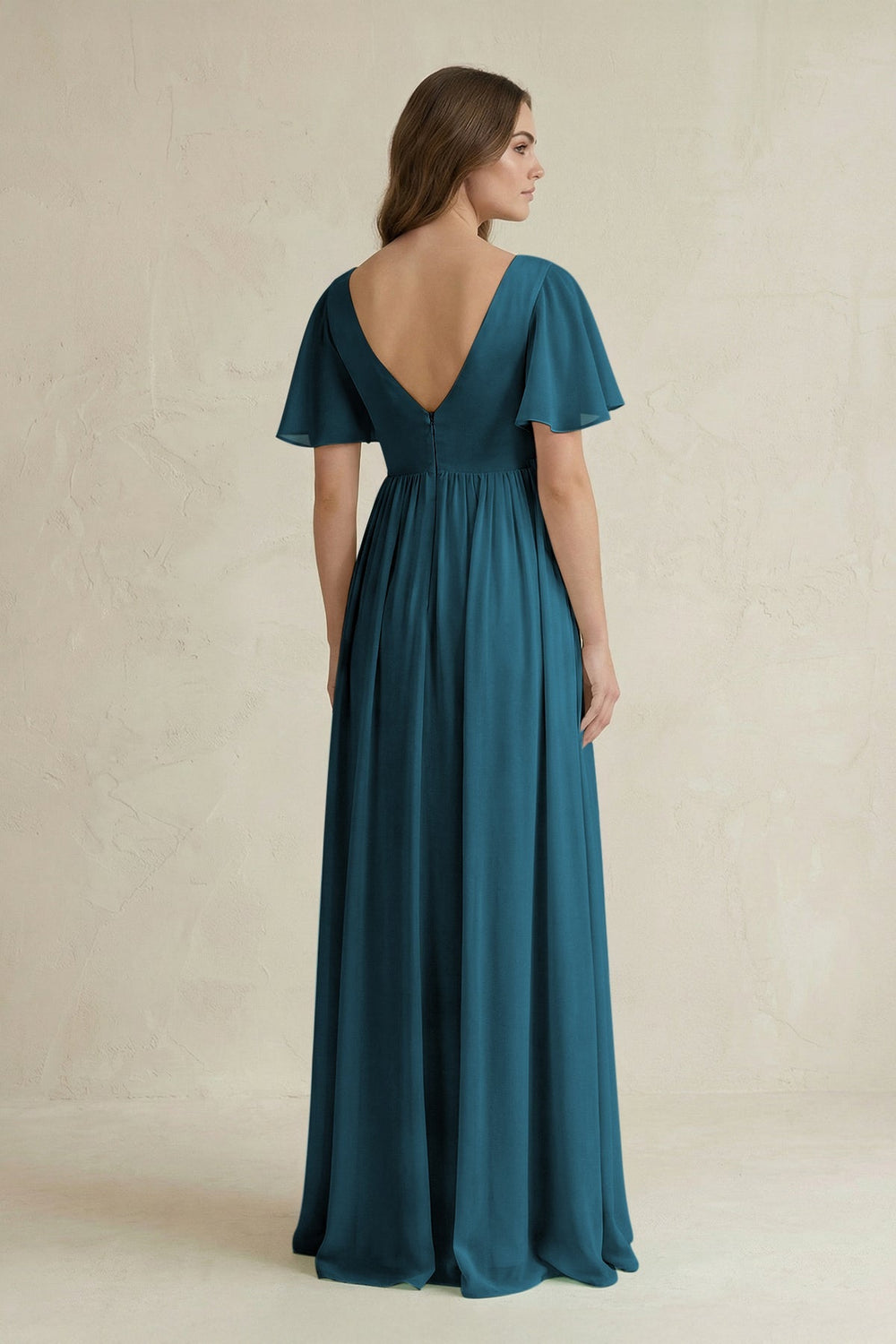 Short Sleeve V - Neck A - Line Chiffon Bridesmaid Dress in Dark Teal - KissProm Bridesmaid Dresses
