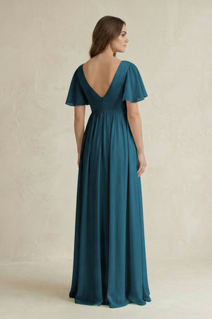 Short Sleeve V - Neck A - Line Chiffon Bridesmaid Dress in Dark Teal - KissProm Bridesmaid Dresses