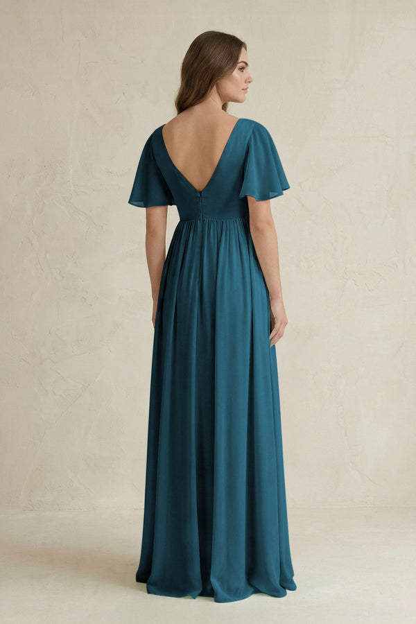 Short Sleeve V - Neck A - Line Chiffon Bridesmaid Dress in Dark Teal - KissProm Bridesmaid Dresses