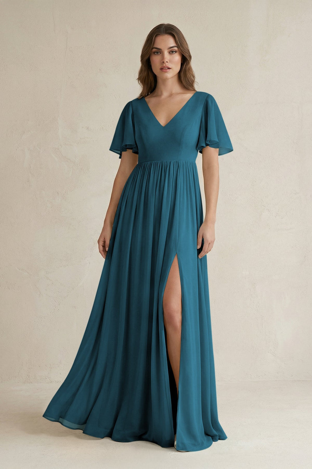 Short Sleeve V - Neck A - Line Chiffon Bridesmaid Dress in Dark Teal - KissProm Bridesmaid Dresses