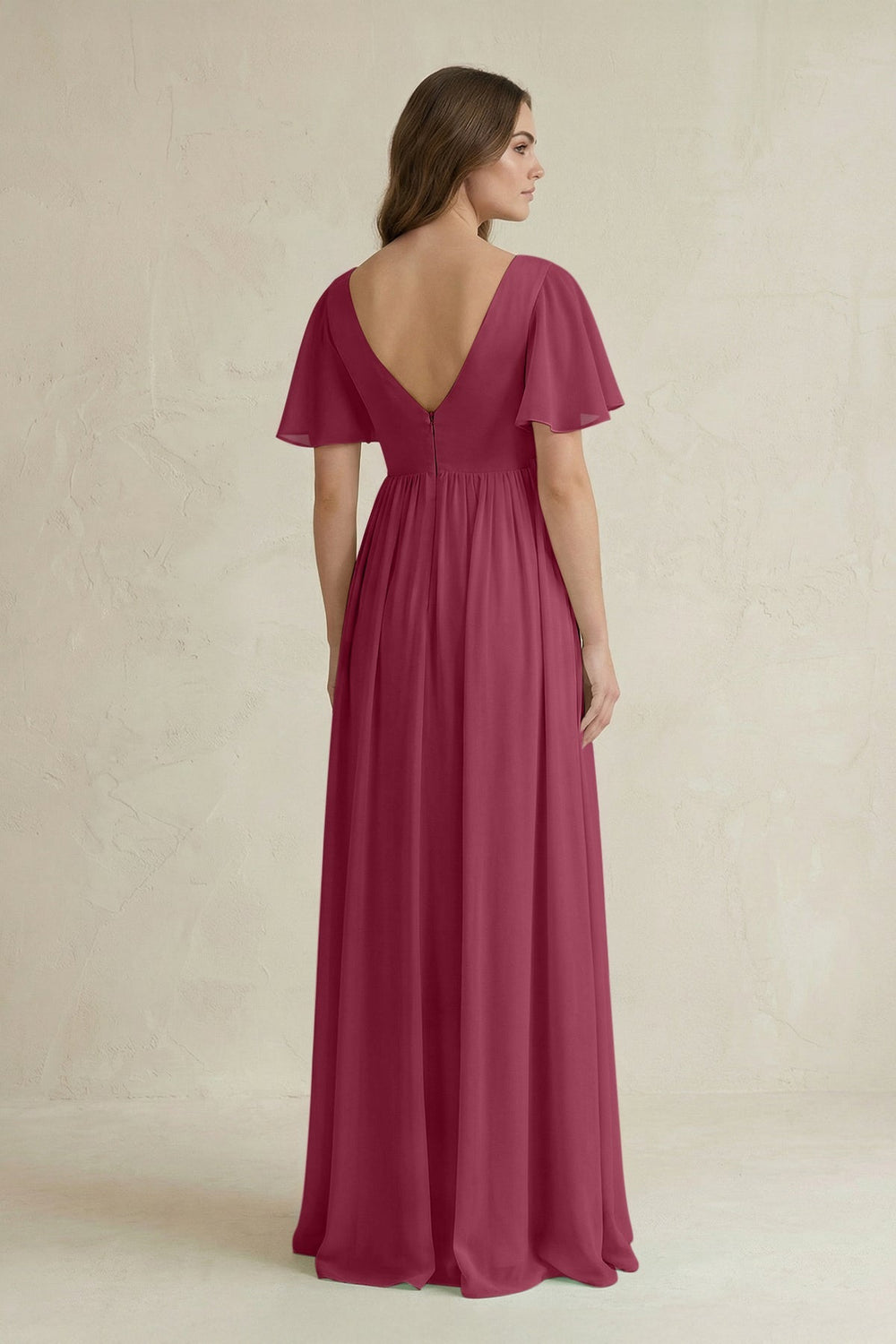 Short Sleeve V - Neck A - Line Chiffon Bridesmaid Dress in Desert Rose - KissProm Bridesmaid Dresses
