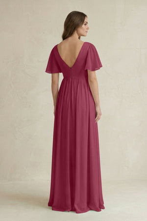 Short Sleeve V - Neck A - Line Chiffon Bridesmaid Dress in Desert Rose - KissProm Bridesmaid Dresses