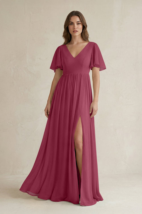 KissProm Short Sleeve V-Neck A-Line Chiffon Bridesmaid Dress in Desert Rose, Desert Rose / 16