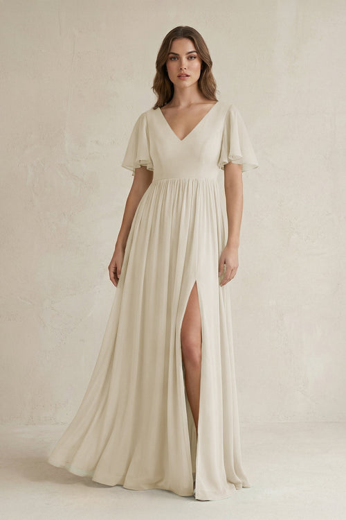 KissProm Short Sleeve V-Neck A-Line Chiffon Bridesmaid Dress in Dove Gray, Dove Gray / 4