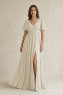 Short Sleeve V - Neck A - Line Chiffon Bridesmaid Dress in Dove Gray - KissProm Bridesmaid Dresses