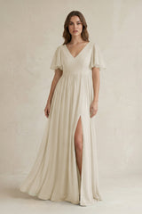 Short Sleeve V - Neck A - Line Chiffon Bridesmaid Dress in Dove Gray - KissProm Bridesmaid Dresses