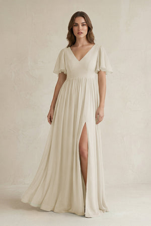 Short Sleeve V - Neck A - Line Chiffon Bridesmaid Dress in Dove Gray - KissProm Bridesmaid Dresses