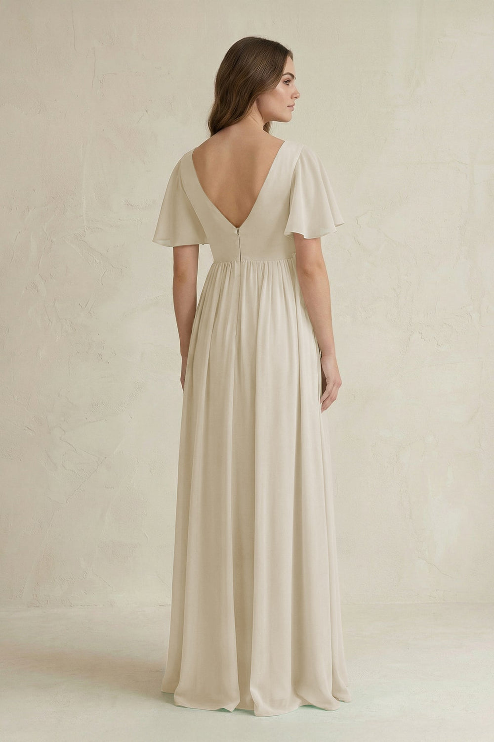 Short Sleeve V - Neck A - Line Chiffon Bridesmaid Dress in Dove Gray - KissProm Bridesmaid Dresses
