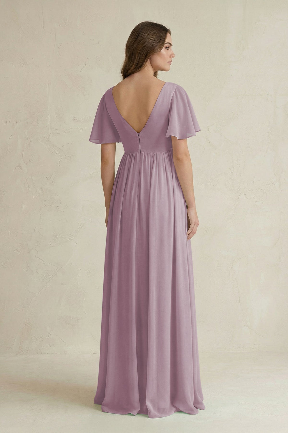 Short Sleeve V - Neck A - Line Chiffon Bridesmaid Dress in Dusk - KissProm Bridesmaid Dresses