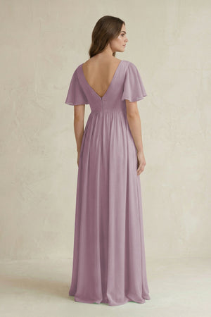 Short Sleeve V - Neck A - Line Chiffon Bridesmaid Dress in Dusk - KissProm Bridesmaid Dresses