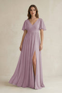 Short Sleeve V - Neck A - Line Chiffon Bridesmaid Dress in Dusk - KissProm Bridesmaid Dresses