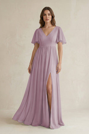 Short Sleeve V - Neck A - Line Chiffon Bridesmaid Dress in Dusk - KissProm Bridesmaid Dresses