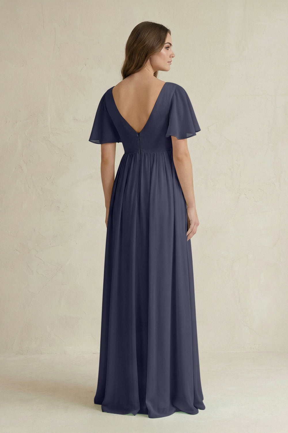 Short Sleeve V - Neck A - Line Chiffon Bridesmaid Dress in Dusk Blue - KissProm Bridesmaid Dresses