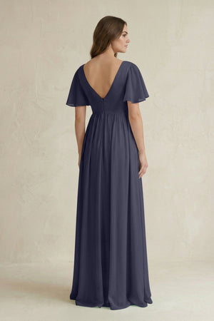 Short Sleeve V - Neck A - Line Chiffon Bridesmaid Dress in Dusk Blue - KissProm Bridesmaid Dresses