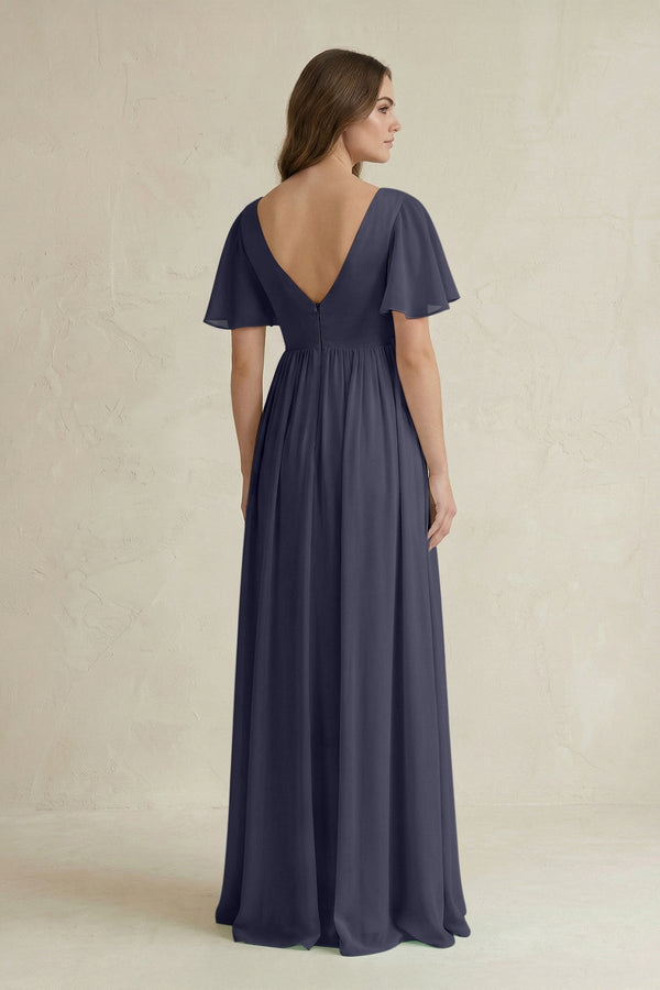 Short Sleeve V - Neck A - Line Chiffon Bridesmaid Dress in Dusk Blue - KissProm Bridesmaid Dresses