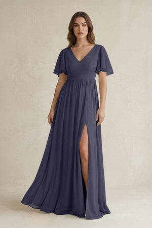 Short Sleeve V - Neck A - Line Chiffon Bridesmaid Dress in Dusk Blue - KissProm Bridesmaid Dresses
