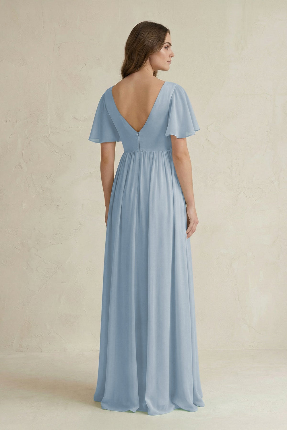 Short Sleeve V - Neck A - Line Chiffon Bridesmaid Dress in Dusty Blue - KissProm Bridesmaid Dresses