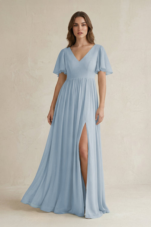 KissProm Short Sleeve V-Neck A-Line Chiffon Bridesmaid Dress in Dusty Blue, Dusty Blue / 2