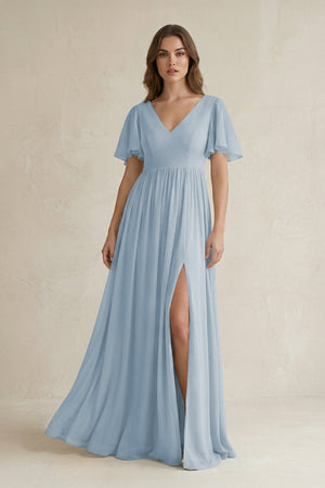 Short Sleeve V - Neck A - Line Chiffon Bridesmaid Dress in Dusty Blue - KissProm Bridesmaid Dresses
