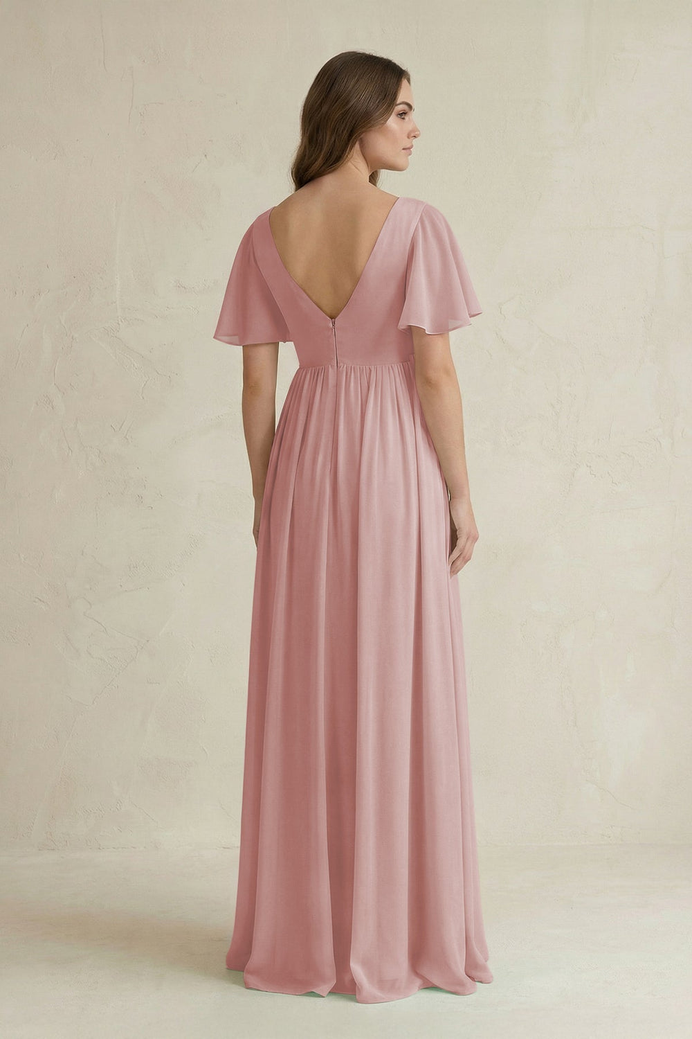 Short Sleeve V - Neck A - Line Chiffon Bridesmaid Dress in Dusty Rose - KissProm Bridesmaid Dresses