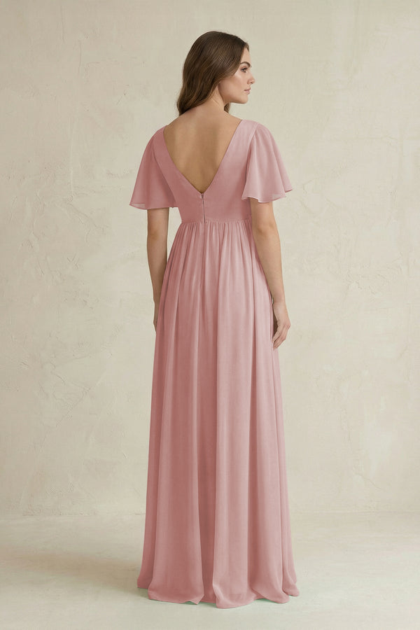 Short Sleeve V - Neck A - Line Chiffon Bridesmaid Dress in Dusty Rose - KissProm Bridesmaid Dresses
