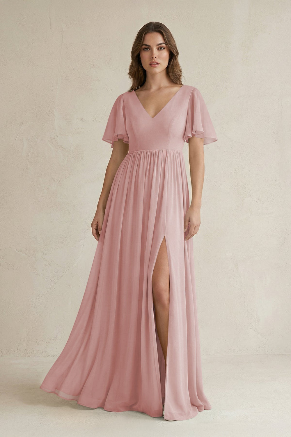 Short Sleeve V - Neck A - Line Chiffon Bridesmaid Dress in Dusty Rose - KissProm Bridesmaid Dresses