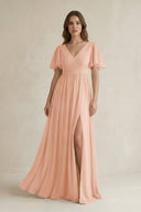 Short Sleeve V - Neck A - Line Chiffon Bridesmaid Dress in English Rose - KissProm Bridesmaid Dresses