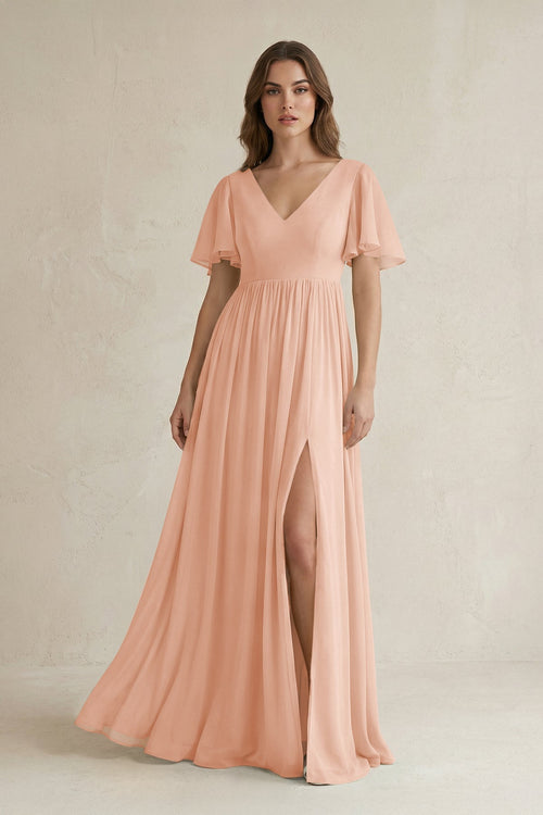Short Sleeve V - Neck A - Line Chiffon Bridesmaid Dress in English Rose - KissProm Bridesmaid Dresses