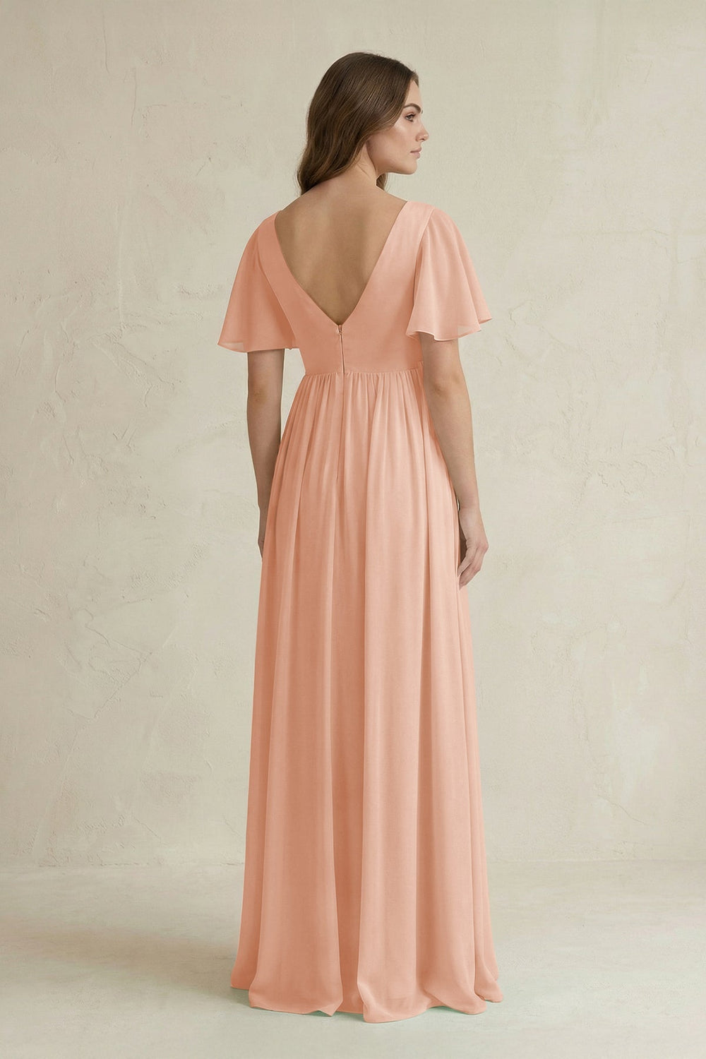 Short Sleeve V - Neck A - Line Chiffon Bridesmaid Dress in English Rose - KissProm Bridesmaid Dresses