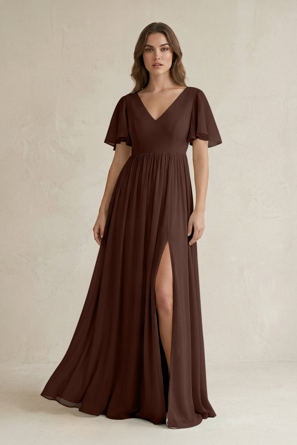 Short Sleeve V - Neck A - Line Chiffon Bridesmaid Dress in Espresso - KissProm Bridesmaid Dresses