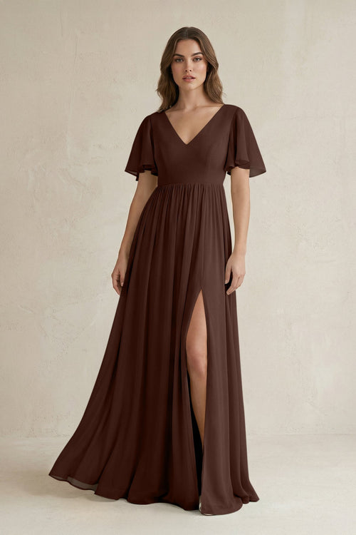Short Sleeve V - Neck A - Line Chiffon Bridesmaid Dress in Espresso - KissProm Bridesmaid Dresses