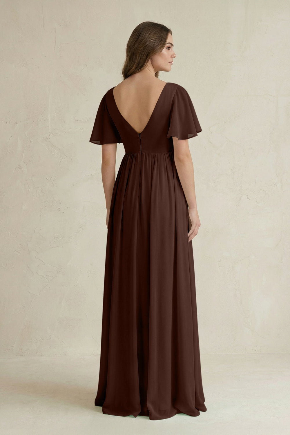 Short Sleeve V - Neck A - Line Chiffon Bridesmaid Dress in Espresso - KissProm Bridesmaid Dresses