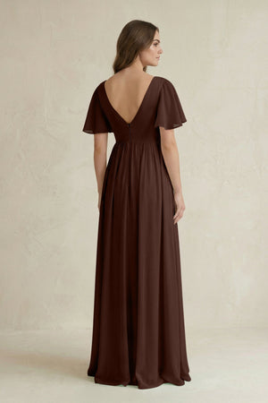 Short Sleeve V - Neck A - Line Chiffon Bridesmaid Dress in Espresso - KissProm Bridesmaid Dresses