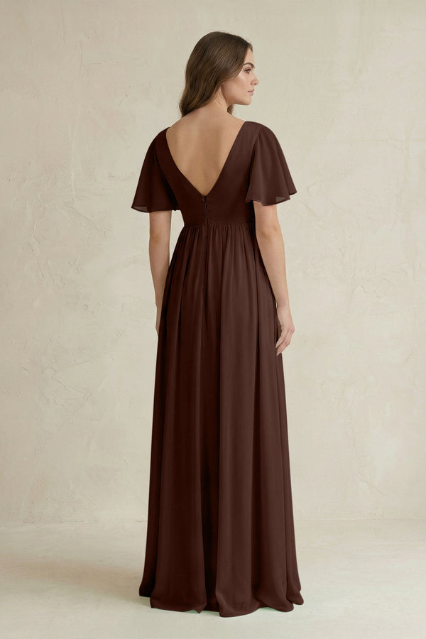 Short Sleeve V - Neck A - Line Chiffon Bridesmaid Dress in Espresso - KissProm Bridesmaid Dresses