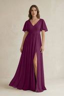 Short Sleeve V - Neck A - Line Chiffon Bridesmaid Dress in Fig - KissProm Bridesmaid Dresses