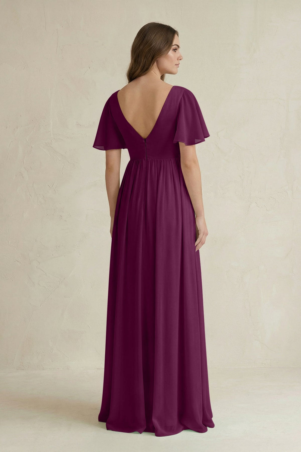Short Sleeve V - Neck A - Line Chiffon Bridesmaid Dress in Fig - KissProm Bridesmaid Dresses