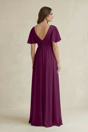 Short Sleeve V - Neck A - Line Chiffon Bridesmaid Dress in Fig - KissProm Bridesmaid Dresses