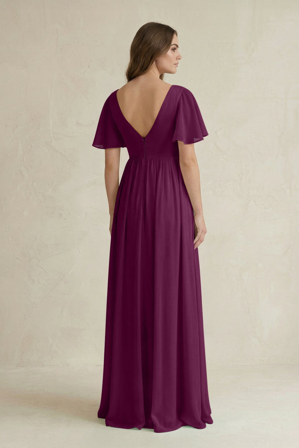 Short Sleeve V - Neck A - Line Chiffon Bridesmaid Dress in Fig - KissProm Bridesmaid Dresses