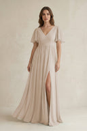 Short Sleeve V - Neck A - Line Chiffon Bridesmaid Dress in Frost - KissProm Bridesmaid Dresses