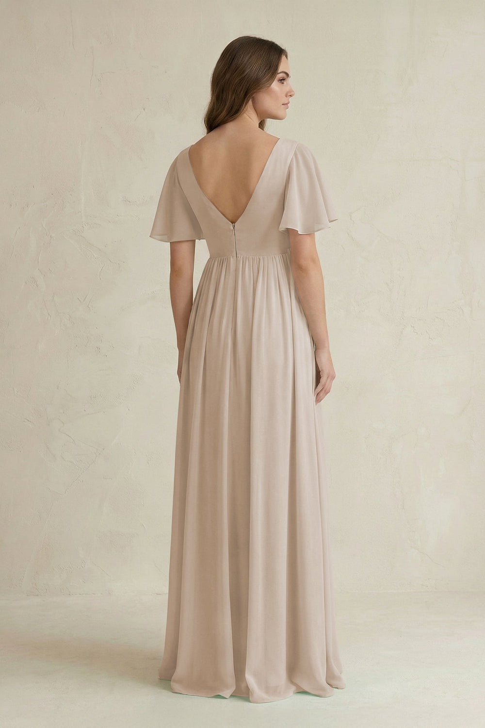 Short Sleeve V - Neck A - Line Chiffon Bridesmaid Dress in Frost - KissProm Bridesmaid Dresses