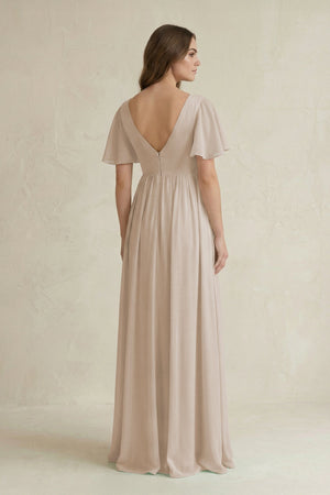 Short Sleeve V - Neck A - Line Chiffon Bridesmaid Dress in Frost - KissProm Bridesmaid Dresses