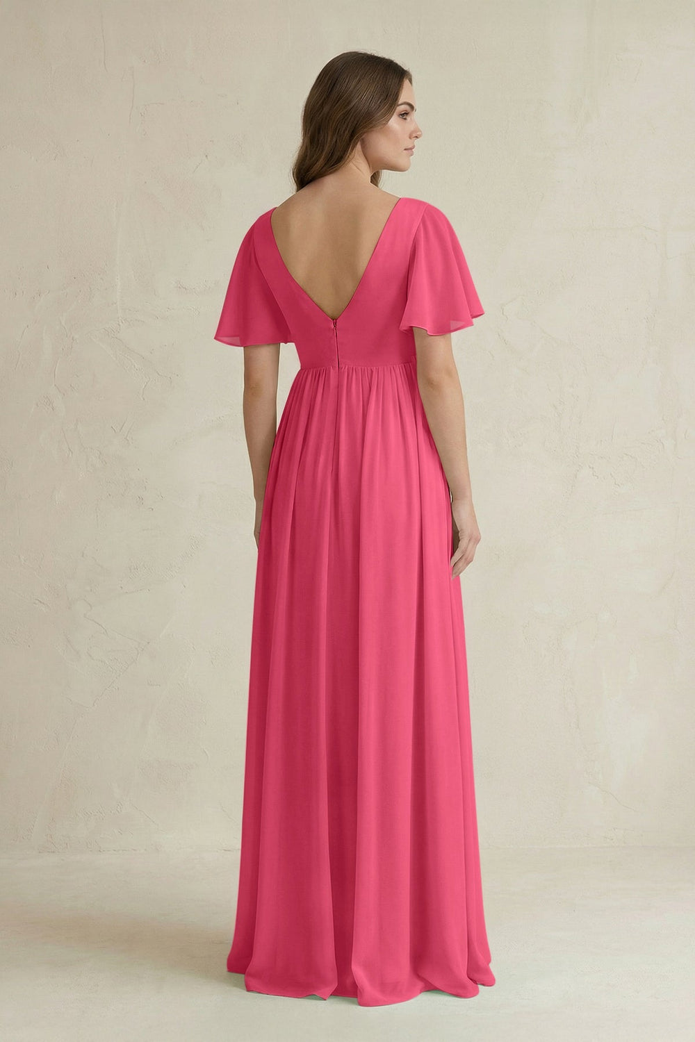 Short Sleeve V - Neck A - Line Chiffon Bridesmaid Dress in Fuchsia - KissProm Bridesmaid Dresses