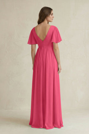 Short Sleeve V - Neck A - Line Chiffon Bridesmaid Dress in Fuchsia - KissProm Bridesmaid Dresses