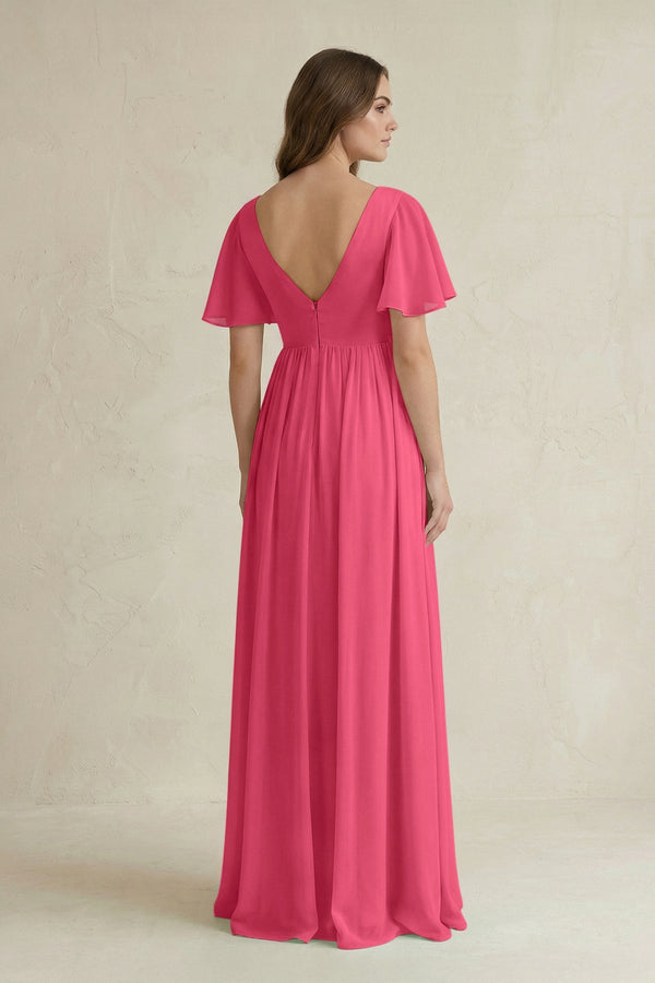 Short Sleeve V - Neck A - Line Chiffon Bridesmaid Dress in Fuchsia - KissProm Bridesmaid Dresses