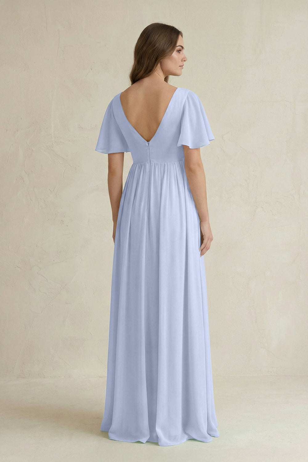 Short Sleeve V - Neck A - Line Chiffon Bridesmaid Dress in Ice - KissProm Bridesmaid Dresses