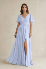 Short Sleeve V - Neck A - Line Chiffon Bridesmaid Dress in Ice - KissProm Bridesmaid Dresses